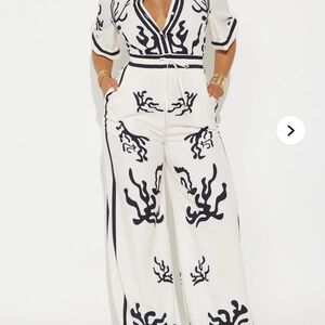 Women's White Wide-Leg Jumpsuit with Black Print